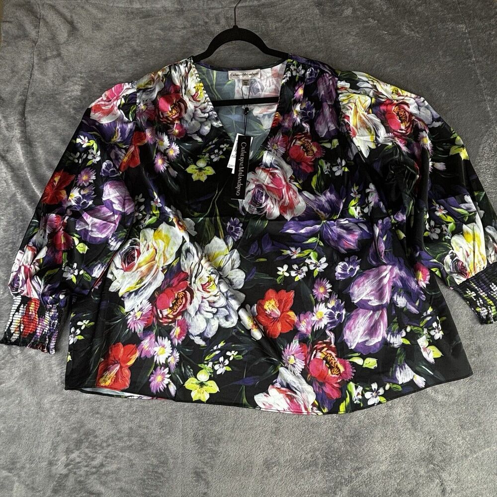 Catherine Malandrino Top Women 3X Floral Long Sleeve  Black Cuff Wrist New $58‎